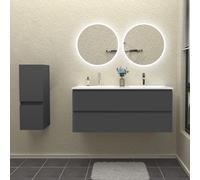 HAPAOSO Ensemble Meubles Salle de Bain Couleur Anthracite avec Double Vasque + Meuble sous Vasque 120 cm +Colonne Basse+Miroir Rond LED 60cmx2