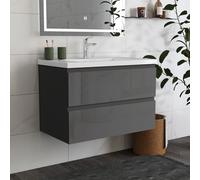 HAPAOSO Meuble de Salle de Bain avec Vasque Céramique 79 cm. Anthracite Brillant Armoire de Stockage, Deux tiroirs
