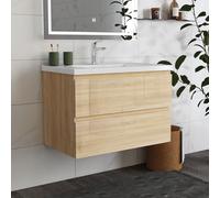 HAPAOSO Meuble de Salle de Bain avec Vasque Céramique 79 cm. Chêne Brillant Armoire de Stockage, Deux tiroirs