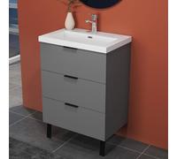 HAPAOSO Meuble de Salle de Bain avec Vasque Pierre Artificielle 60 cm. Anthracite Armoire de Stockage, 3 tiroirs