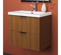 HAPAOSO Meuble de Salle de Bain avec Vasque Pierre Artificielle 60 cm. Rayé Noisette,Armoire de Stockage, Deux tiroirs