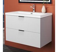 HAPAOSO Meuble de Salle de Bain avec Vasque Pierre Artificielle 79cm. Rayé Blanc,Armoire de Stockage, Deux tiroirs