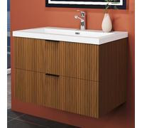 HAPAOSO Meuble de Salle de Bain avec Vasque Pierre Artificielle 79cm. Rayé Noisette,Armoire de Stockage, Deux tiroirs