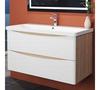HAPAOSO Meuble de Salle de Bain avec Vasque Pierre Artificielle 99 cm. Blanc Brillant Plus Chêne Armoire de Stockage, Deux tiroirs