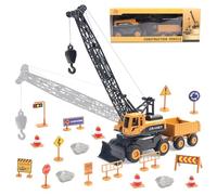 Hapavis Jouets Grue, Camion de Construction, véhicule à inertie, Voiture d'ingénierie, avec remorque, Panneaux de signalisation, Cadeau d'anniversaire pour Enfants garçons Filles