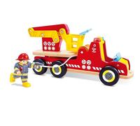 Hape Camion de Pompier Lumineux et sirène avec Figurine de Pompier - Jouet Voiture de Pompier avec échelle rotative et Accessoires - en Bois - Jouet à roulettes pour Enfants à partir de 2 Ans