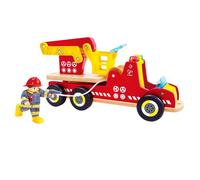 Hape Camion de pompier lumineux avec sirène – Figurine, échelle rotative, bois, dès 2 ans