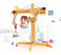 Hape E3011 - Grande grue de chantier, grue de chantier pivotante avec accessoires, en bois