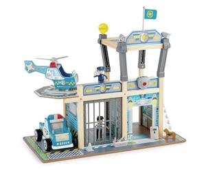Hape E3050 - Station de Police en Bois à Deux Niveaux avec Cellule de Prison, Figurines et Accessoires, 3 Ans et Plus, Metro dept playset