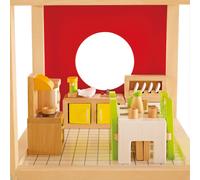 Hape E3454 Salle à manger, chaises vertes/table blanche/armoire avec portes blanches