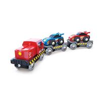Hape E3735 Rennwagen-Transporter, véhicule jouet, chemin de fer, bleu/rouge