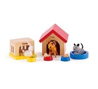 Hape Ensemble Animaux de la Famille pour Maison de Poupées, Compagnons de Jeux pour les Poupées, Chien, Chat, Lapin et leurs Accessoires