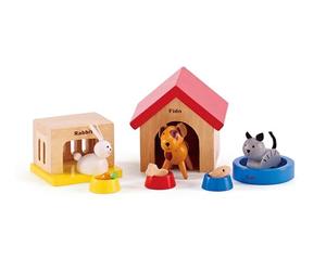 Hape Ensemble Animaux de la Famille pour Maison de Poupées, Compagnons de Jeux pour les Poupées, Chien, Chat, Lapin et leurs Accessoires
