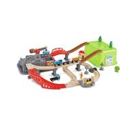 Hape Jouet Ensemble Circuit Train Multicolore, Train Marchandises, Grue, Travaux - 50 Pièces + Boîte de Rangement - Jeu Educatif Enfant de 3 Ans et Plus - Compatible Marques Traditionnelles