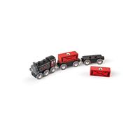 Hape Jouet Train de Marchandises à Vapeur - Jeu pour Enfant dès 3 Ans - Locomotive Noire avec Ses Deux Wagons et Containers Déchargeables Rouge - Compatible avec Circuits de Marques Traditionnelles