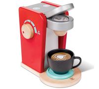 Hape: Machine à café rouge - Machine à cuisine en bois, effets sonores et fonctions réalistes, grains de café, jeu de simulation de barista, enfants à partir de 3 ans