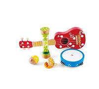 Hape Mini Band Instrument Set Five Piece Wooden Instrument Music Set For Kids Includes Ukulele, Tambourine, Clapper, Rattle And Rainmaker