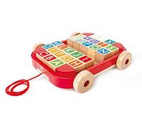Hape Push & Pull - Chariot à Tirer avec Blocs à Empiler - Enfants 3 Ans et Plus - 26 Blocs de Lettres et de Couleurs Différentes - pour Apprendre l'Alphabet, la Motricité - Adapté aux Petites Mains