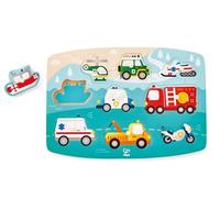 Hape Puzzle à Boutons Véhicules de Secours - Pour Enfants 2 ans et Plus - 10 Pièces Colorées pour la Motricité Fine et l'Observation - Puzzle Bois Avec Boutons Faciles à Attraper - Thème des Secours