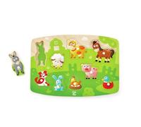Hape Puzzle en Bois Animaux de la Ferme - Puzzle Bouton Enfants dès 20 Mois - 10 Pièces Animaux de la Ferme - Animaux, Motricité Fine, Travail de la Préhension & Coordination Oeil-Main