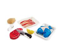 Hape Viandes & Poissons à Découper - Jeu d'Imitation Cuisine en Bois - Enfants de 3 ans et Plus - Accessoires Dinette Réalistes - Couteau, Viande, Poisson, Citron - Compétences Sociales et Language