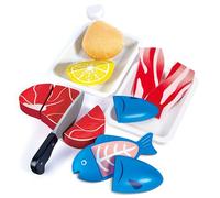 Hape Viandes & Poissons à Découper - Jeu d'Imitation Cuisine en Bois - Enfants de 3 ans et Plus - Accessoires Dinette Réalistes - Couteau, Viande, Poisson, Citron - Compétences Sociales et Language