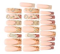 HAPINARY 1 boîte Set de Boîte Ongles à Presser Long Forme Cercueil avec Motif Léopard Noeud Doré et Pierres Faux Ongles Français pour Femmes et Filles