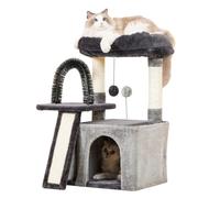 Happi N Pets Arbre à chat d'intérieur avec griffoirs et niches, perchoir confortable, toiletteur automatique et jouets interactifs, avec grande grotte pour chat, gris fumé