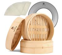 HAPPi STUDIO Bamboo Steamer Basket 10 inch and 304 Stainless Steel Steamer Ring Set - 100% Natural Handmade 2-Tier Dumpling Steamer for Cooking Dim sum, Bao Bun - Cotton Liners Included - Extra Deep