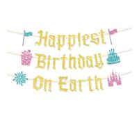 Happiest Birthday on Earth Bannière, Paillettes Dorées Décorations Fête Princesse avec Château Feu Artifice Drapeau Rêveur Fournitures Fête Anniversaire pour Filles Arrière-Plan Photobooth