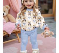 Happikins Blanc crème et bleu crème, ours et nœud imprimés de conte de fées mignon, ambiance cosy de Noël, Sweat-shirt-shirt à col ras du cou à manches longues épais et doux, et leggings confortables