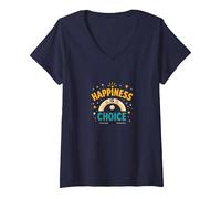 Happiness is Choice : Citation Motivationnelle réconfortante T-Shirt avec Col en V, Femme, Bleu Marine, L
