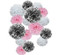 Happium 12 PCS Pompons en Papier de Soie, Boule de Fleurs en Papier pour Fête d'anniversaire Mariage Baby Shower Décorations de Festival de Douche Nuptiale - Rose, Argent et Blanc