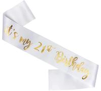 Happium Écharpe d'anniversaire en satin avec inscription « It's My 21st Birthday » pour anniversaire de 21 ans, décoration de fête, écharpe en satin doré sur blanc