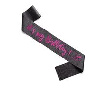 Happium Écharpe d'anniversaire en satin avec inscription « It's My Birthday » - Rose sur paillettes noires