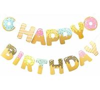 Happium Guirlande d'anniversaire en forme de donut, bannière Happy Birthday en papier pour décorations de fête d'anniversaire pour enfants, multicolore 6" x 8,5''