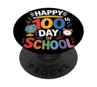 Happy 100th Day of School Crayon Globe Professeur Fête PopSockets PopGrip Adhésif
