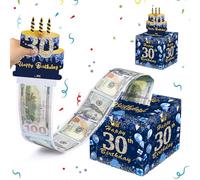 Happy 30th Birthday Tirelire pour Cadeau d'argent, Caisse Argent pour Femmes et Hommes, Joyeux 30ème Anniversaire Tiroir-Caisse Bleu Doré DIY Cake avec Carte à Tirer pour Epouse Petite Amie Mère Amis