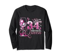 Happy 34th Birthday Queen Pink Wine 34 Years Old Women Manche Longue