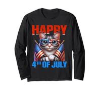 Happy 4th of July American Flag Men Women 4th of July Cat Manche Longue
