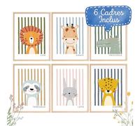 Happy Animals Wall Art Set de 6 motifs d'animaux de qualité supérieure sans cadre - Décoration pour chambre d'enfant et de bébé - Sur papier photo 200 g/m² - Cadeau de naissance et de baptême