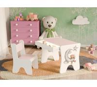 Happy Babies - Ensemble de chaises de bureau pour enfants, table de jeu ergonomique avec tiroir spacieux - Table d'apprentissage et de jeu pour enfants - Meubles pour enfants - Ours en peluche (rose)