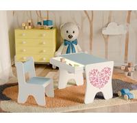 Happy Babies - Ensemble de chaises de bureau pour enfants, table de jeu ergonomique avec tiroir spacieux - Table d'apprentissage et de jeu pour enfants - Meubles pour enfants - Petits cœurs (bleu)