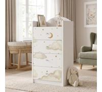 Happy Babies Grande commode pour enfant blanche avec 4 tiroirs, commode à tiroirs avec beau imprimé, commode à linge pour chambre d'enfant, chambre de bébé, NR 384