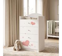 Happy Babies Grande commode pour enfant blanche avec 4 tiroirs, commode à tiroirs avec beau imprimé, commode à linge pour chambre d'enfant, chambre de bébé, NR 16