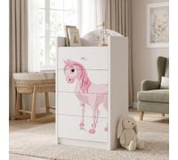 Happy Babies Grande commode pour enfant blanche avec 4 tiroirs, commode à tiroirs avec beau imprimé, commode à linge pour chambre d'enfant, chambre de bébé, NR 9