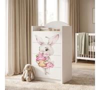 Happy Babies Grande commode pour enfant blanche avec 4 tiroirs, commode à tiroirs avec beau imprimé, commode à linge pour chambre d'enfant, chambre de bébé, NR 91