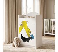 Happy Babies Grande commode pour enfant blanche avec 4 tiroirs, commode à tiroirs avec beau imprimé, commode à linge pour chambre d'enfant, chambre de bébé, NR 32