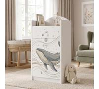 Happy Babies Grande commode pour enfant blanche avec 4 tiroirs, commode à tiroirs avec beau imprimé, commode à linge pour chambre d'enfant, chambre de bébé, NR 388
