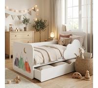 Happy Babies Lit bébé nuage 160 x 80 cm blanc - Motif arc-en-ciel - Ensemble complet avec matelas, tiroir et protection contre les chutes - Design arc-en-ciel (n° 416)